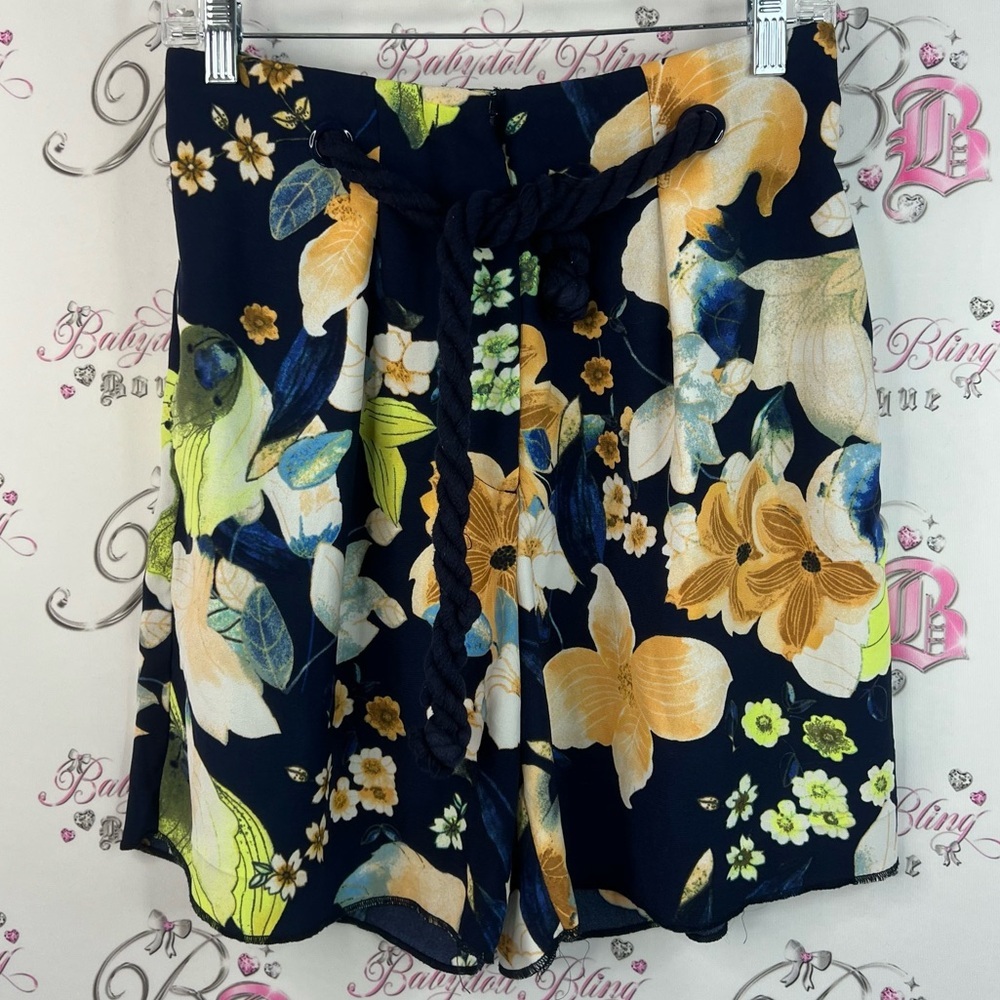 Tribal shorts rope tie up belted waist Navy Floral High Waist blue navy Shorts
